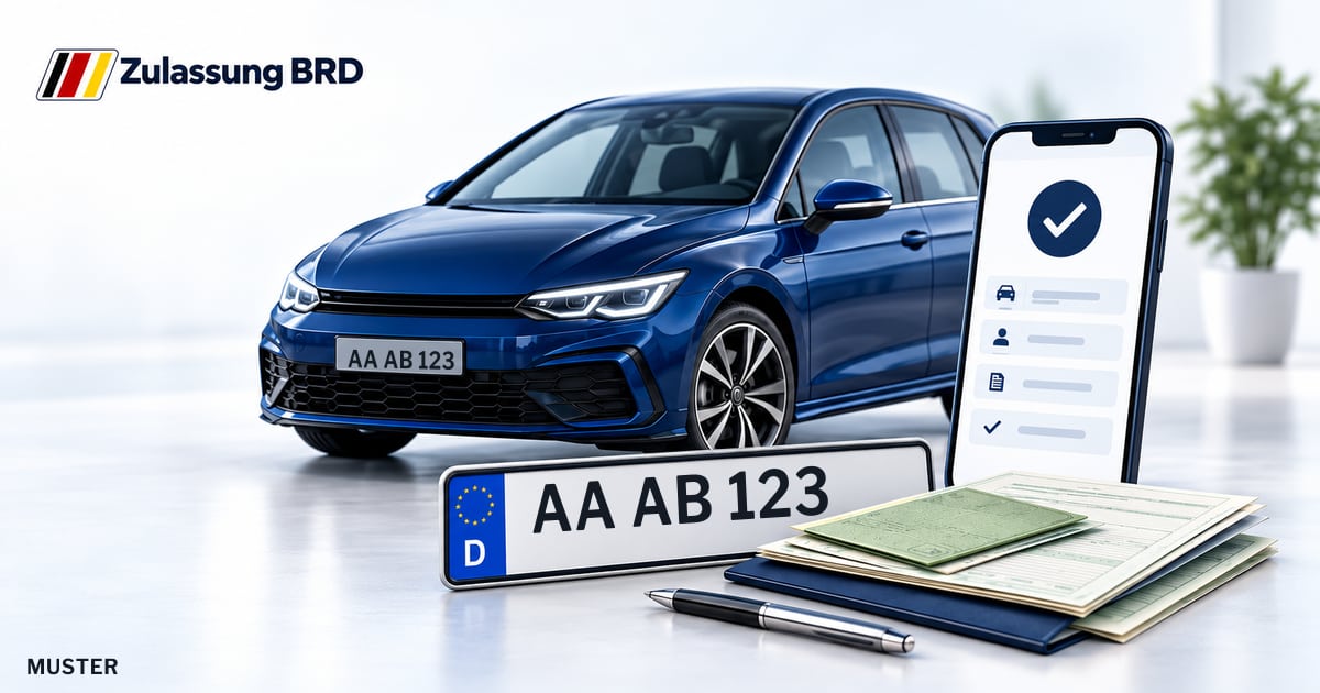 Online Fahrzeugzulassung in Ellwangen (Jagst): Musterkennzeichen AA AB 123, Auto und Fahrzeugpapiere und Smartphone. Illustration mit Logo von Zulassung BRD.